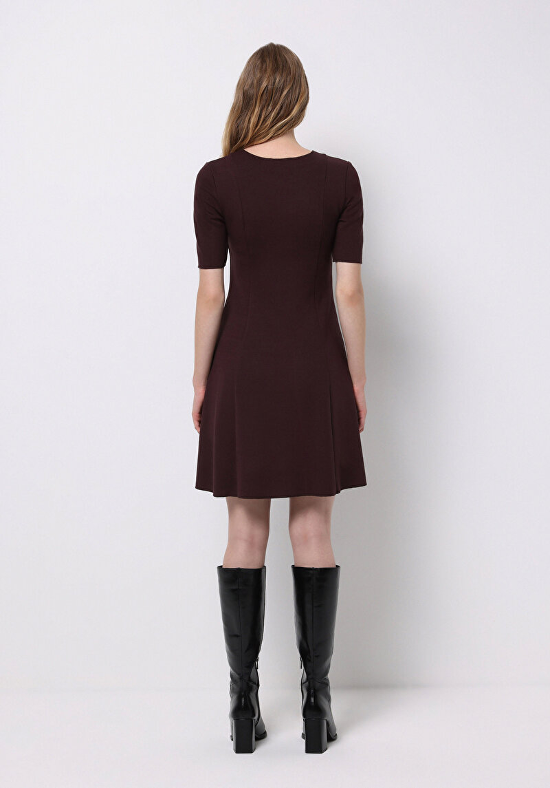Slim Fit Düz Kadın Bordo Kısa Kol Elbise