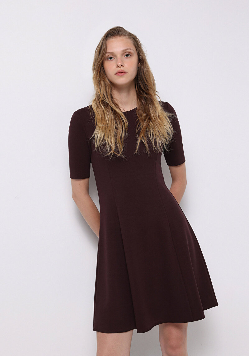 Slim Fit Düz Kadın Bordo Kısa Kol Elbise