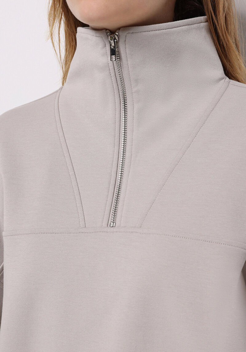 Regular Fit Fermuarlı Düz Kadın Taş Sweatshirt