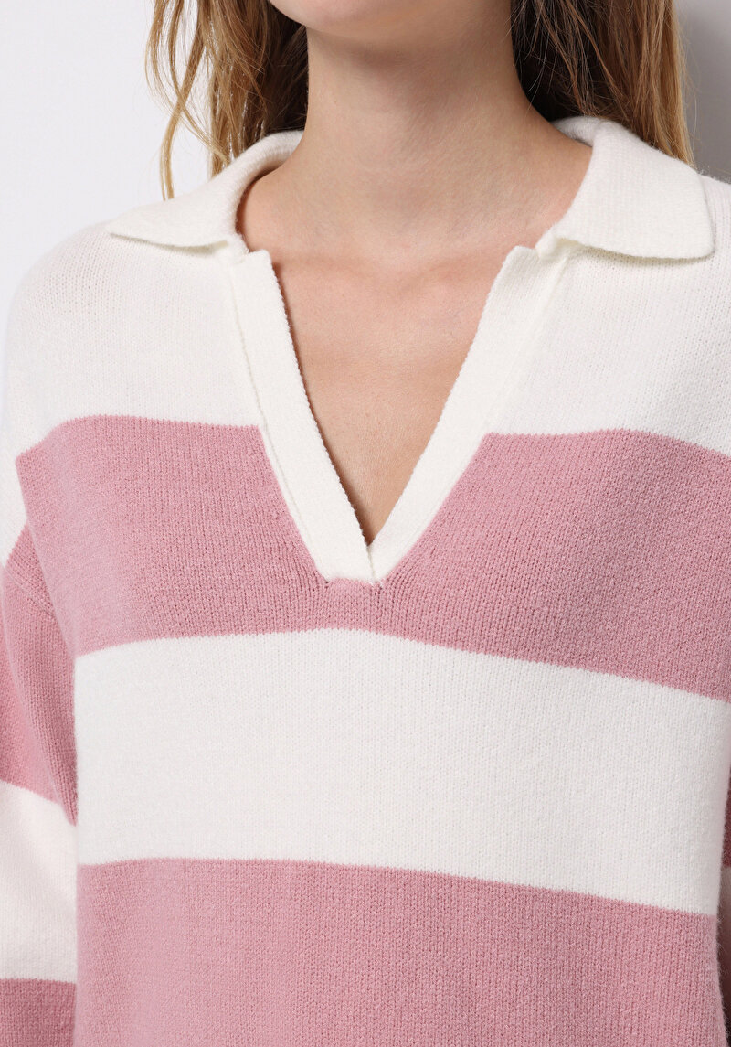 Regular Fit Polo Yaka Çizgili Kadın Pembe Kazak