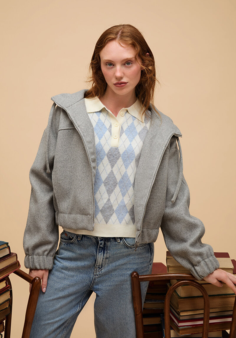 Regular Fit Polo Yaka Baskılı Kadın Beyaz Kazak