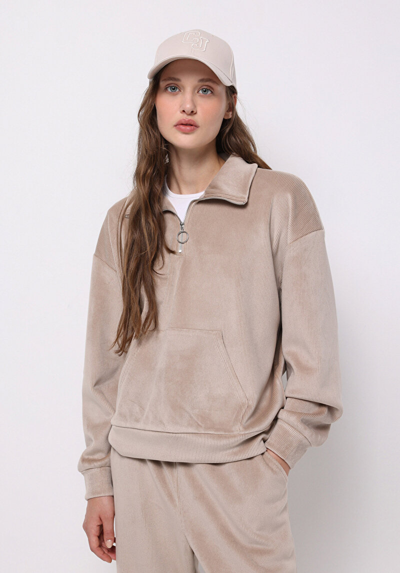 Regular Fit Polo Yaka Kadın Sweatshirt