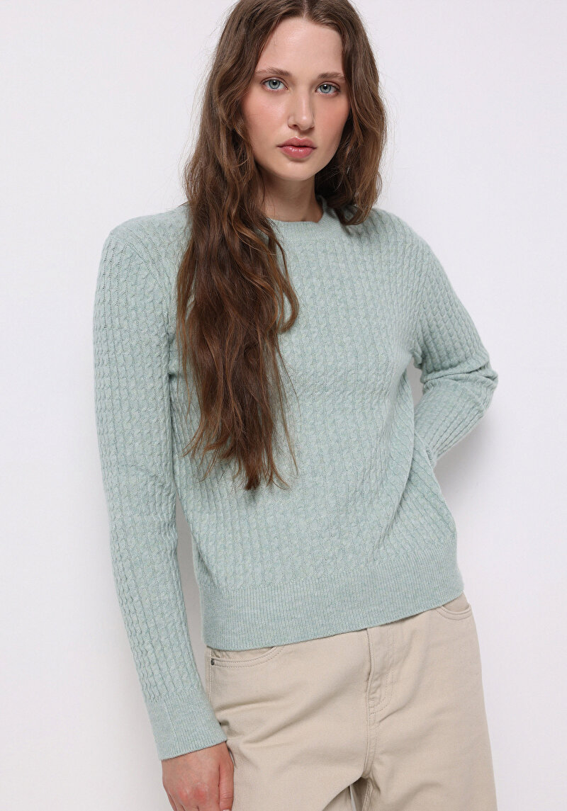 Regular Fit Yuvarlak Yaka Düz Kadın Yeşil Kazak