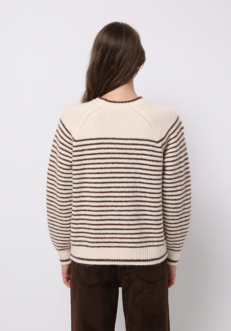 Regular Fit Yuvarlak Yaka Çizgili Kadın Bej Kazak