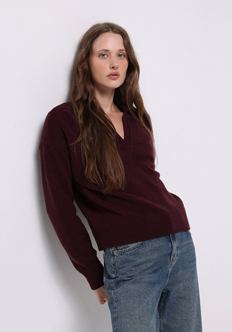 Regular Fit Polo Yaka Düz Kadın Mor Kazak