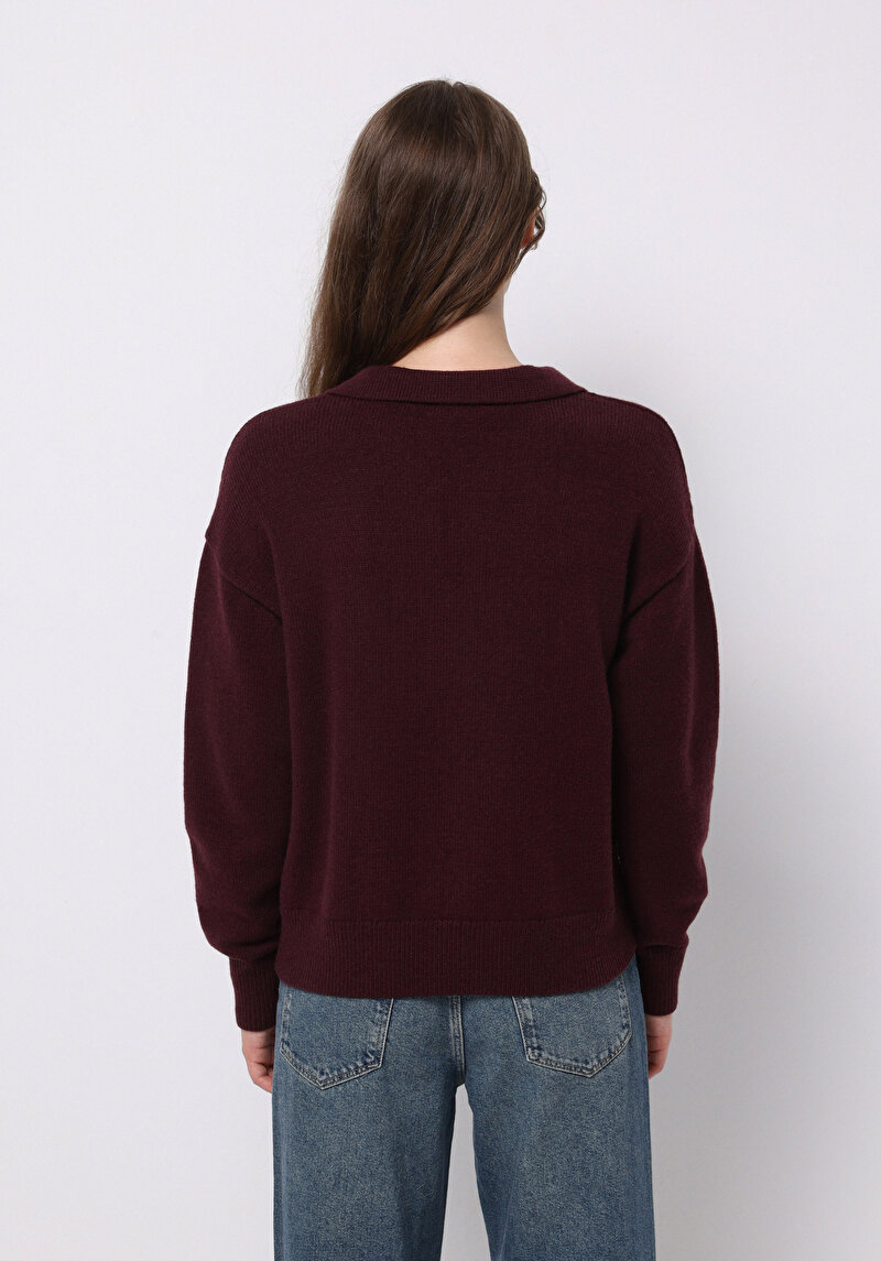 Regular Fit Polo Yaka Düz Kadın Mor Kazak