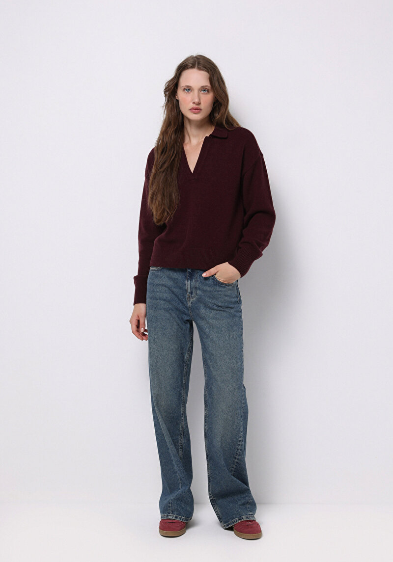 Regular Fit Polo Yaka Düz Kadın Mor Kazak