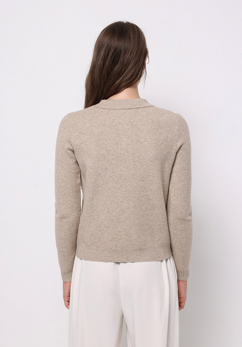 Regular Fit Polo Yaka Baskılı Kadın Bej Kazak