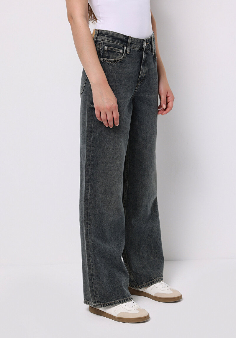 Regular Fit Yüksel Bel Geniş Paça Kadın Koyu İndigo Jean Pantolon