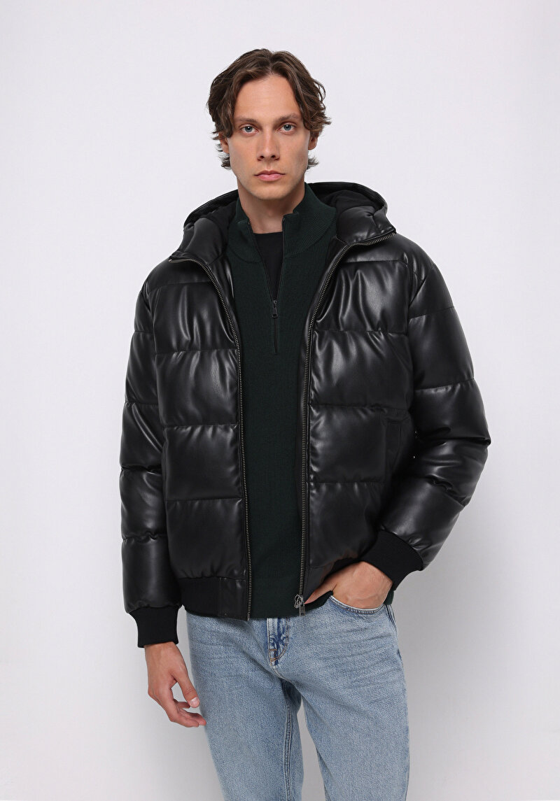 Regular Fit     Erkek Siyah Mont Pu