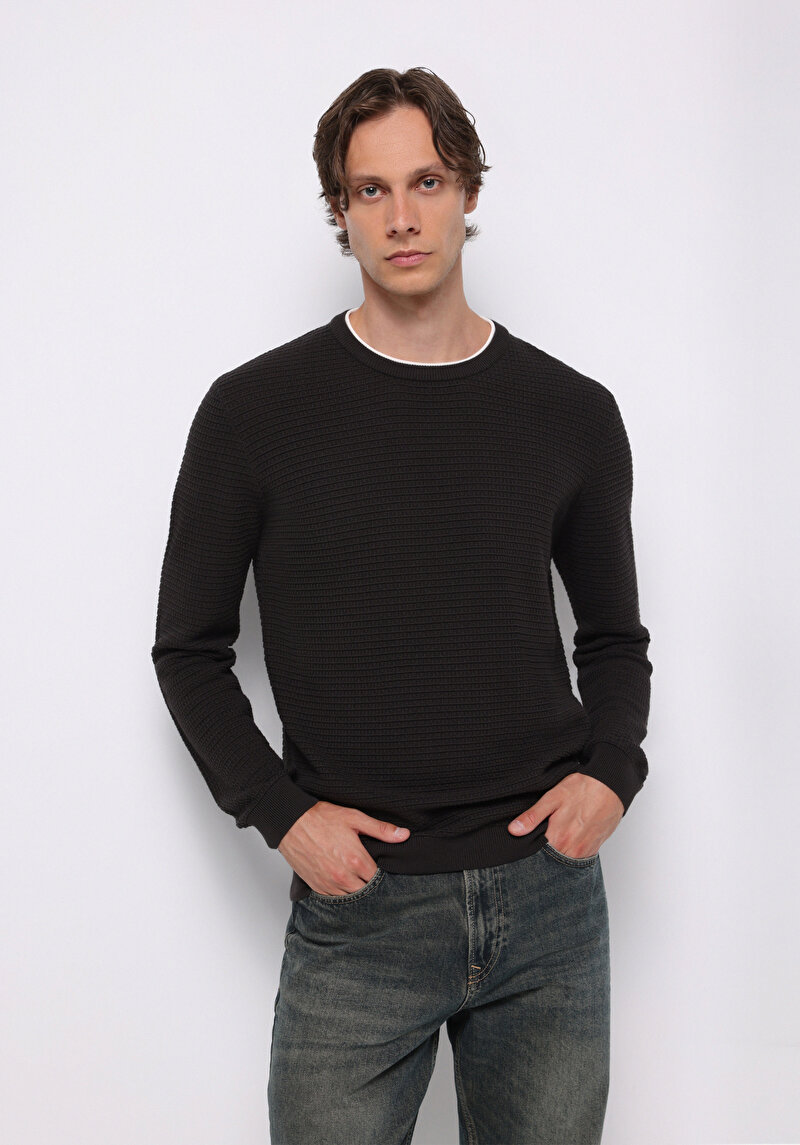 Regular Fit Yuvarlak Yaka Jakarlı Erkek Antrasit Kazak