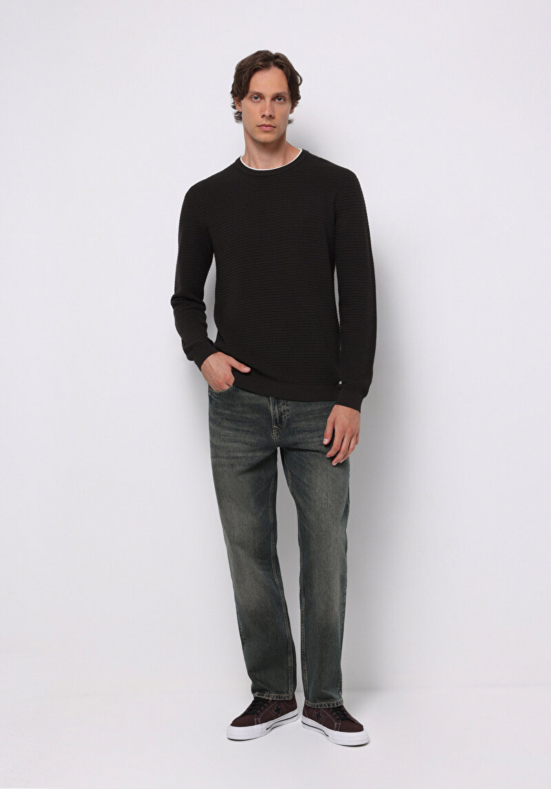 Regular Fit Yuvarlak Yaka Jakarlı Erkek Antrasit Kazak