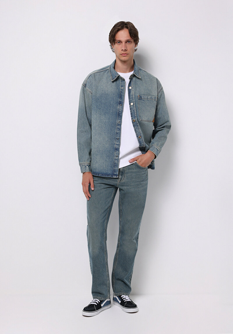 Oversize Fit Erkek Mavi Shacket