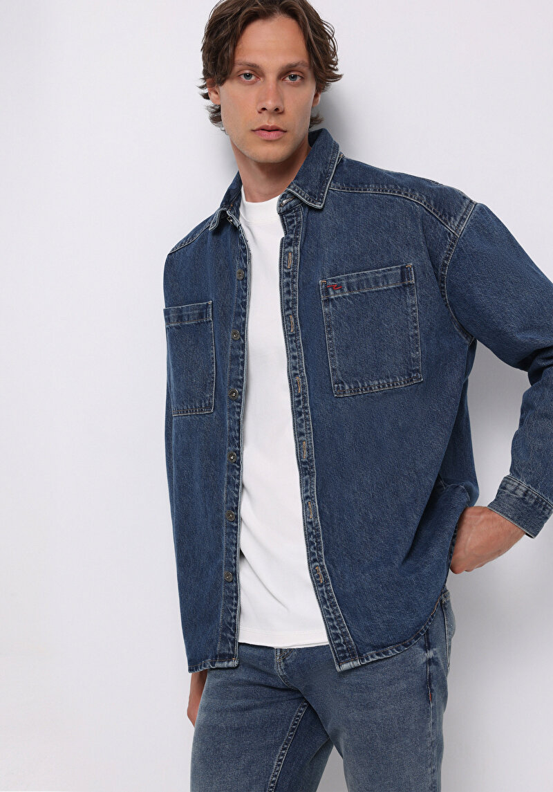 Oversize Fit Erkek Mavi Shacket