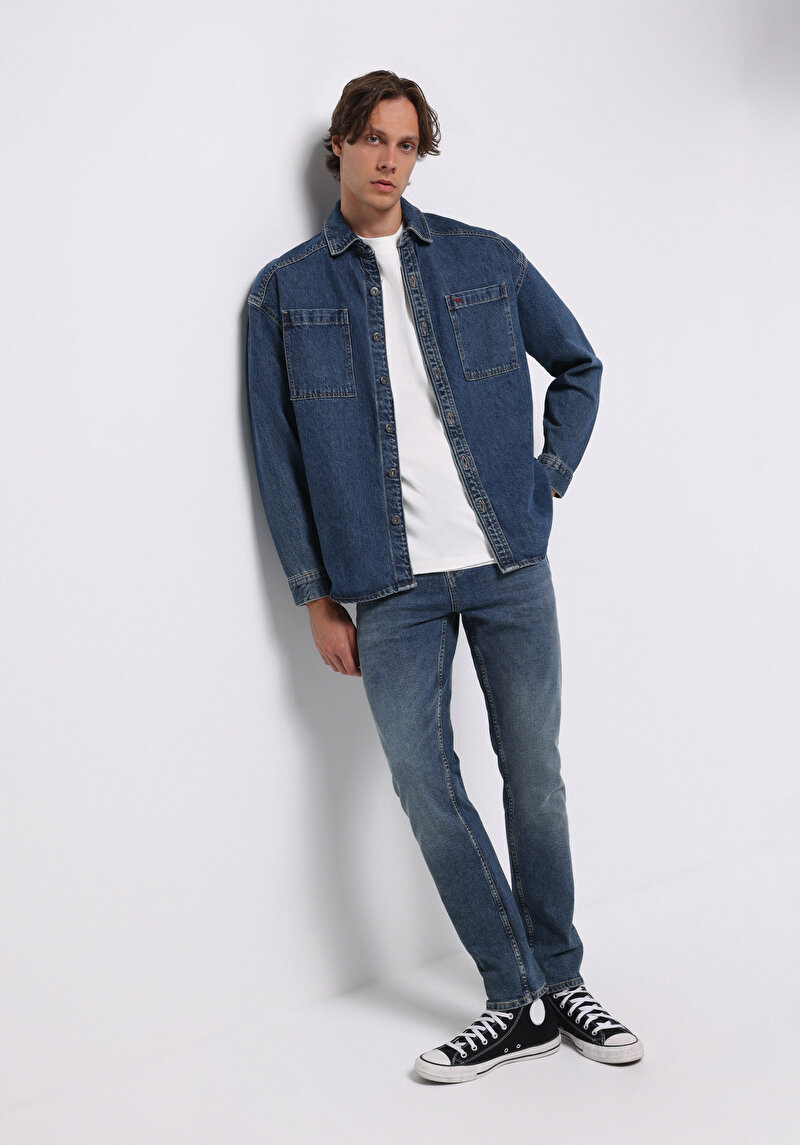 Oversize Fit Erkek Mavi Shacket
