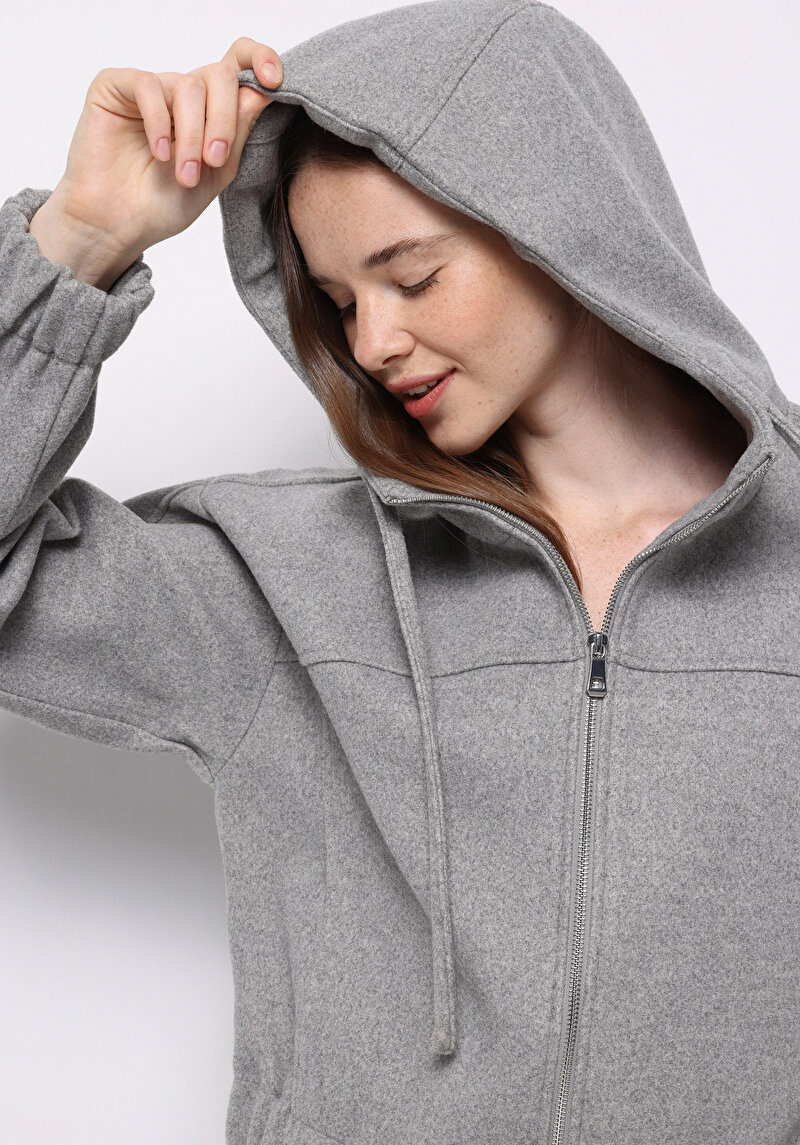 Regular Fit Kapüşonlu Fermuarlı Astarsız Kadın Gri Ceket