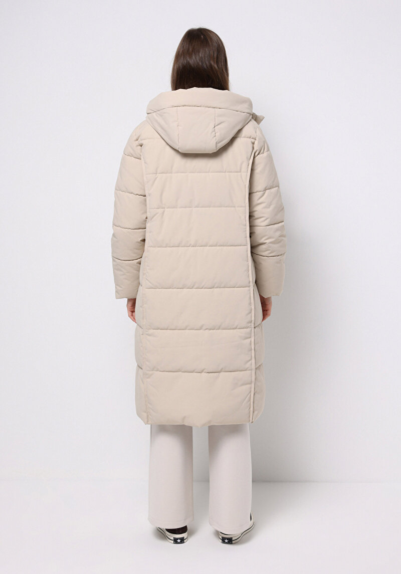 Regular Fit Kapüşonlu Fermuarlı Astarlı Suya Dayanıklı Kadın Ekru Kaban