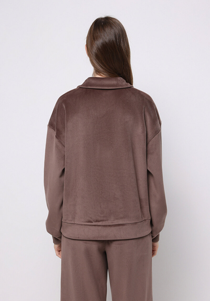 Regular Fit Polo Yaka Nakışlı Kadın Kahverengi Sweatshirt