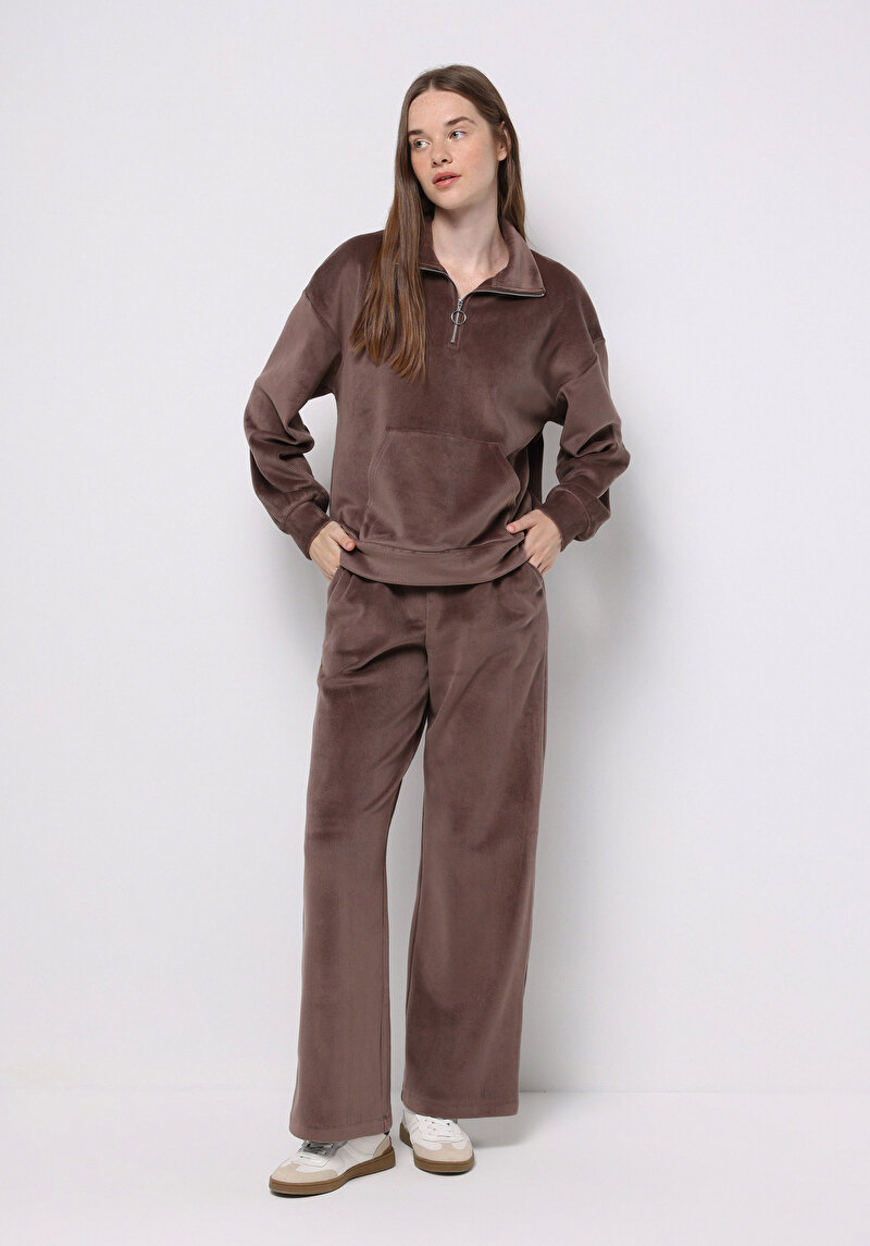 Regular Fit Polo Yaka Nakışlı Kadın Kahverengi Sweatshirt