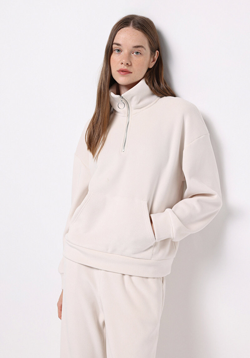 Regular Fit Polo Yaka Kadın Ekru Sweatshirt