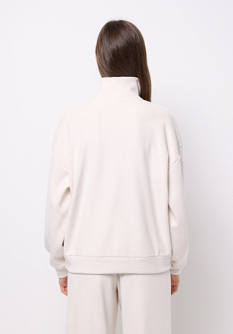 Regular Fit Polo Yaka Kadın Ekru Sweatshirt