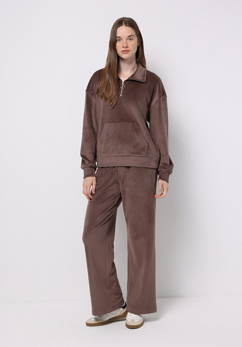 Regular Fit Orta Bel Düz Kadın Kahverengi Eşofman Altı