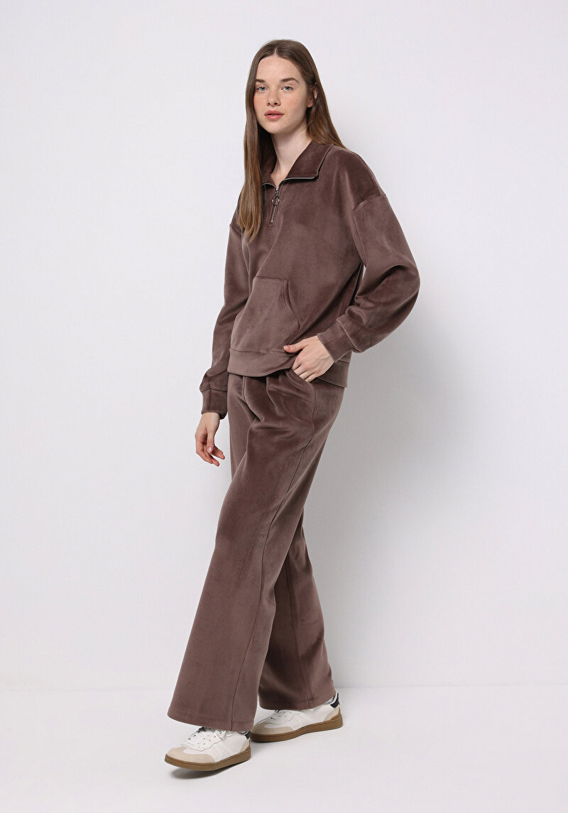 Regular Fit Orta Bel Düz Kadın Kahverengi Eşofman Altı