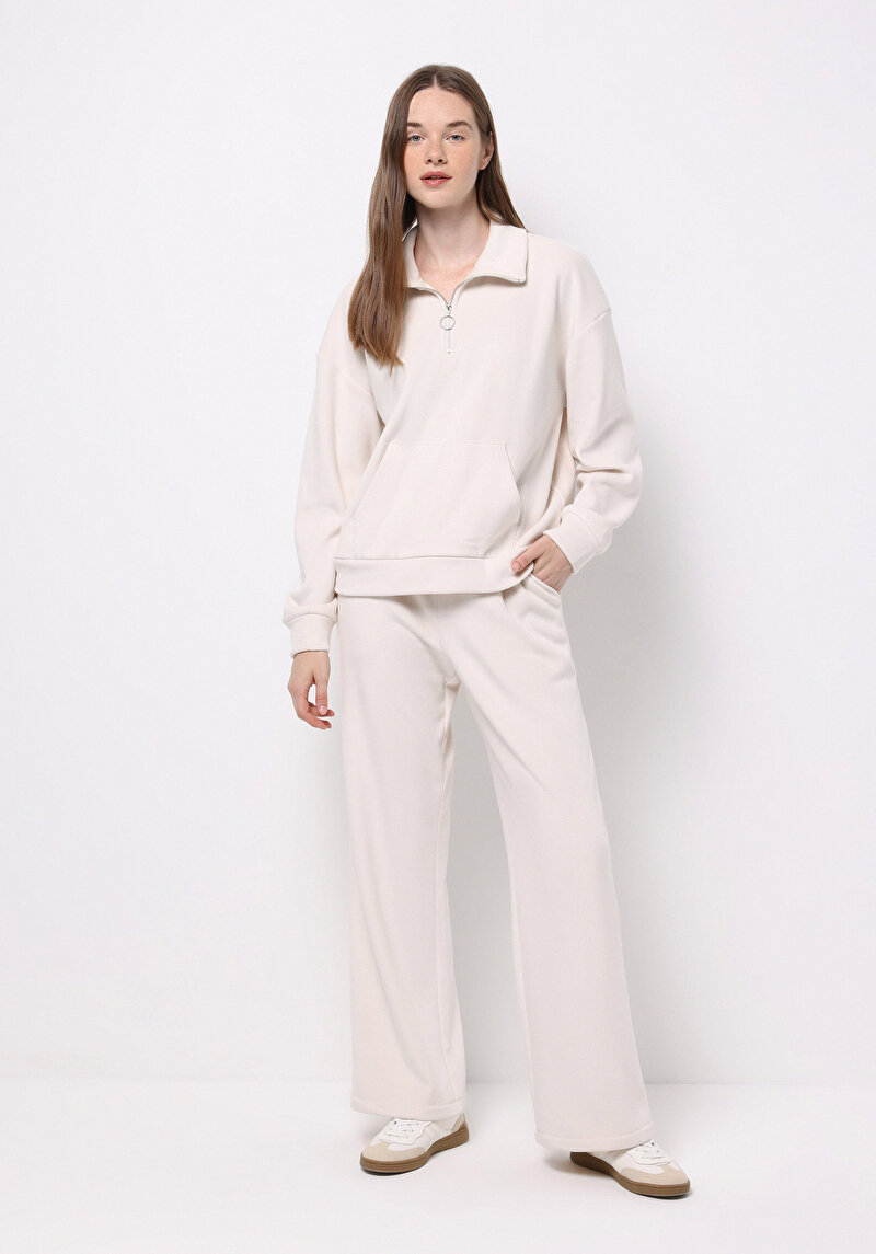 Regular Fit Orta Bel Düz Kadın Ekru Eşofman Altı