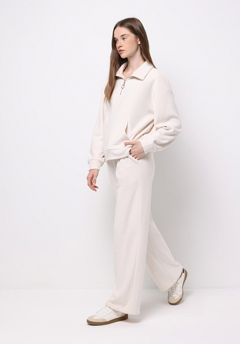 Regular Fit Orta Bel Düz Kadın Ekru Eşofman Altı