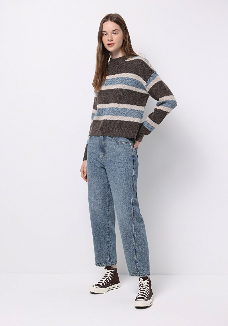 Regular Fit Yuvarlak Yaka Çizgili Kadın Kahverengi Kazak