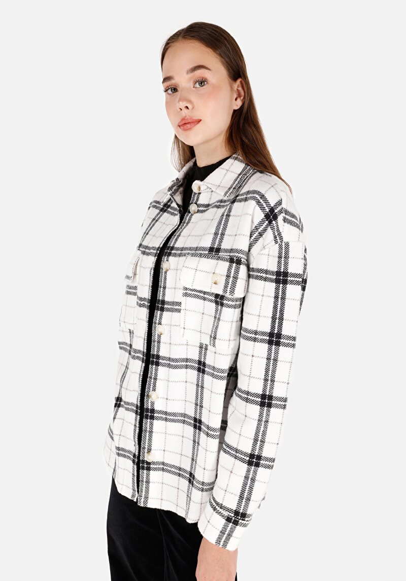 Regular Fit Shirt Neck  Kadın Beyaz Uzun Kol Gömlek