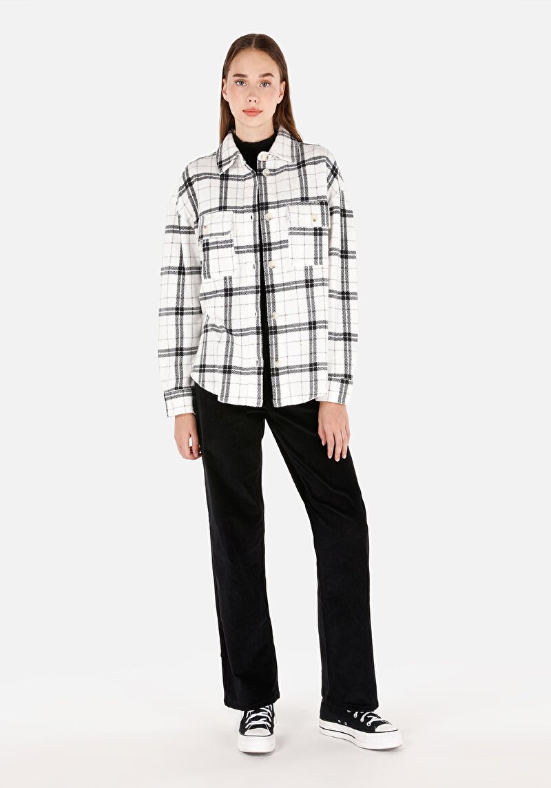 Regular Fit Shirt Neck Kadın Beyaz Uzun Kol Gömlek