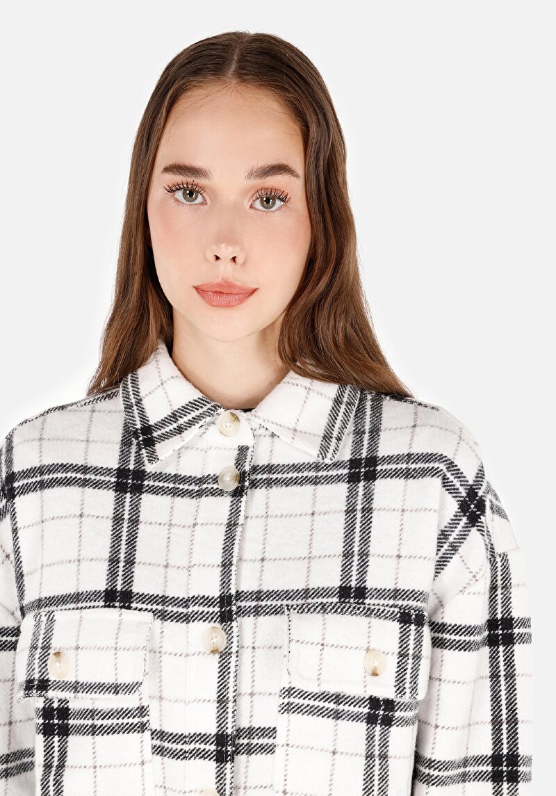 Regular Fit Shirt Neck  Kadın Beyaz Uzun Kol Gömlek