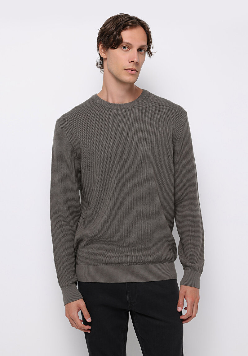 Regular Fit Yuvarlak Yaka Jakarlı Erkek Yeşil Kazak