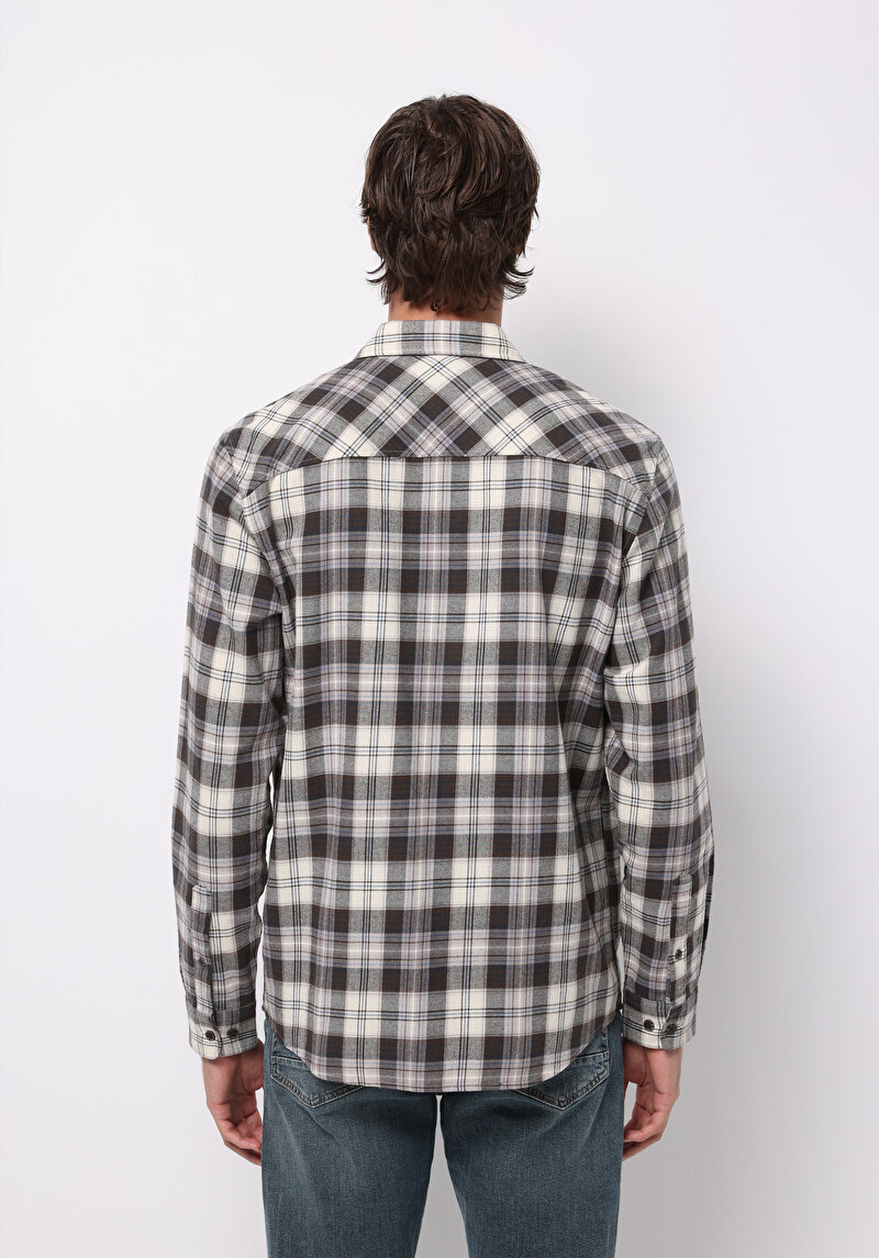 Regular Fit Shirt Neck Ekoseli Erkek Kahverengi Uzun Kol Gömlek