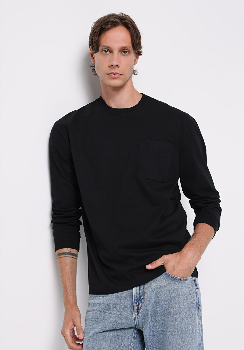 Comfort Fit Yuvarlak Yaka Düz Erkek Siyah Uzun Kol Tişört