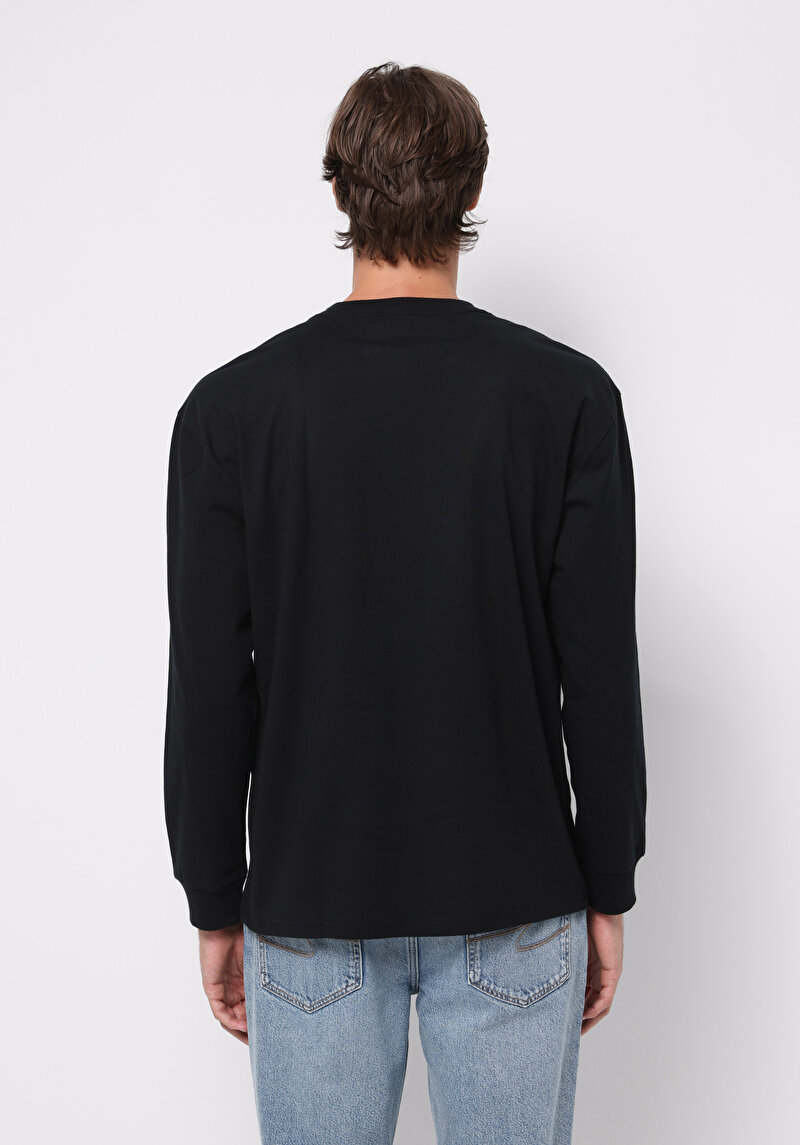 Comfort Fit Yuvarlak Yaka Düz Erkek Siyah Uzun Kol Tişört