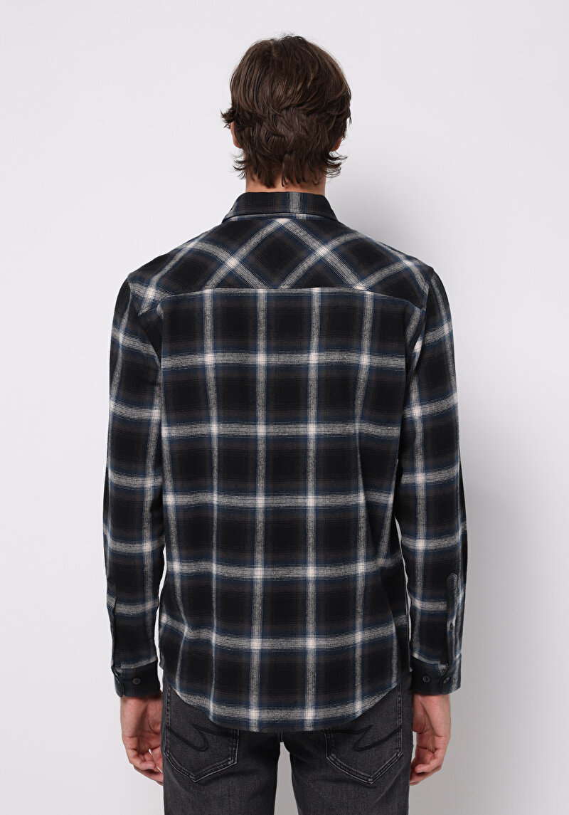 Regular Fit Shirt Neck Ekoseli Erkek Lacivert Uzun Kol Gömlek