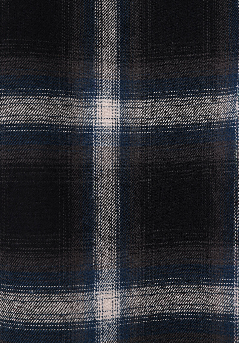 Regular Fit Shirt Neck Ekoseli Erkek Lacivert Uzun Kol Gömlek