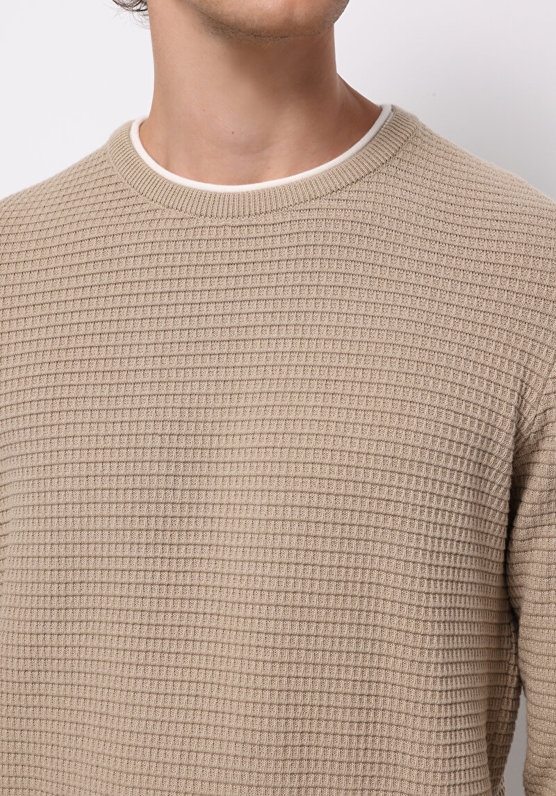 Regular Fit Yuvarlak Yaka Jakarlı Erkek Bej Kazak