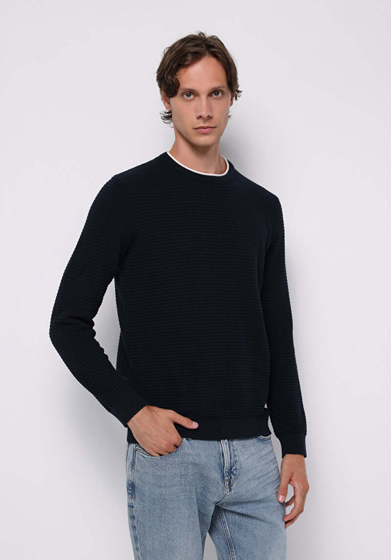 Regular Fit Yuvarlak Yaka Jakarlı Erkek Lacivert Kazak