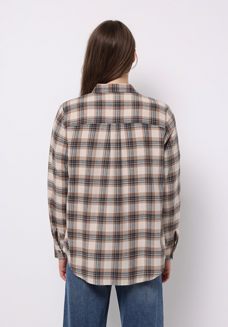 Regular Fit Shirt Neck Ekoseli Kadın Bej Uzun Kol Gömlek