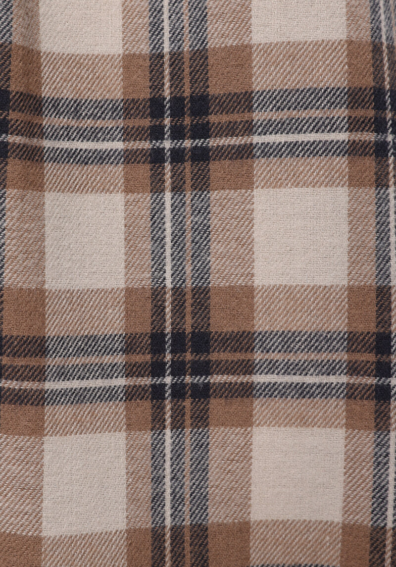 Regular Fit Shirt Neck Ekoseli Kadın Bej Uzun Kol Gömlek