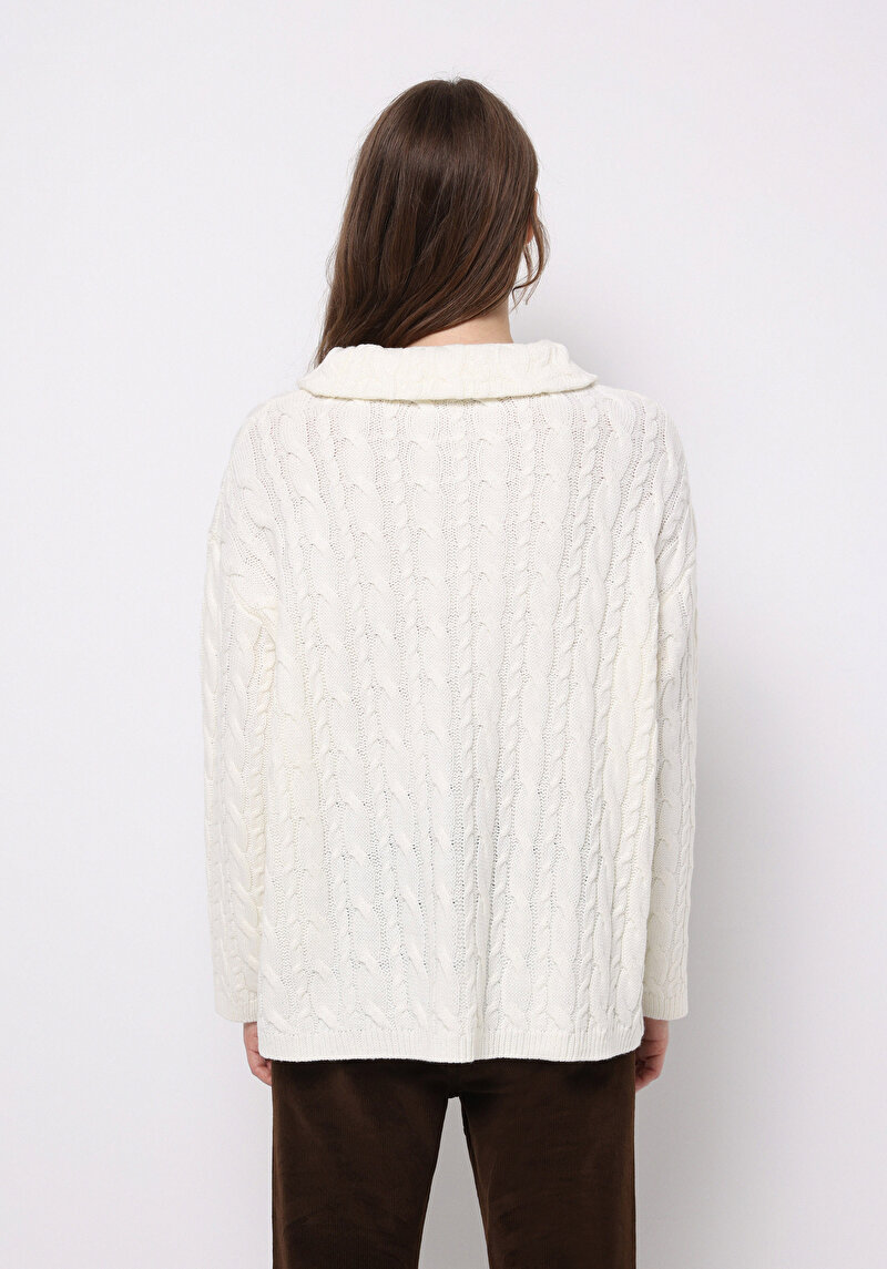 Oversize Fermuarlı Düz Kadın Ekru Kazak