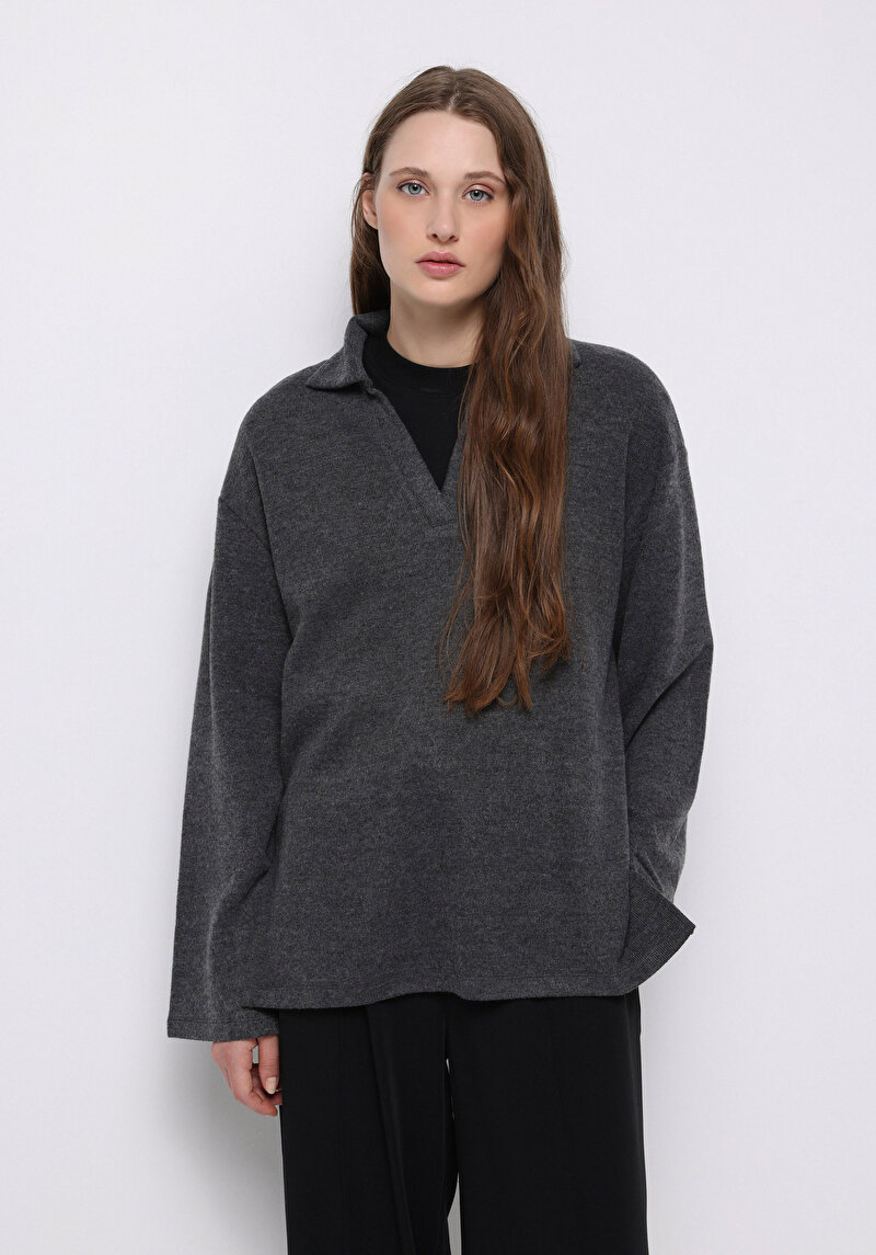 Regular Fit Polo Yaka Düz Kadın Antrasit Tişört