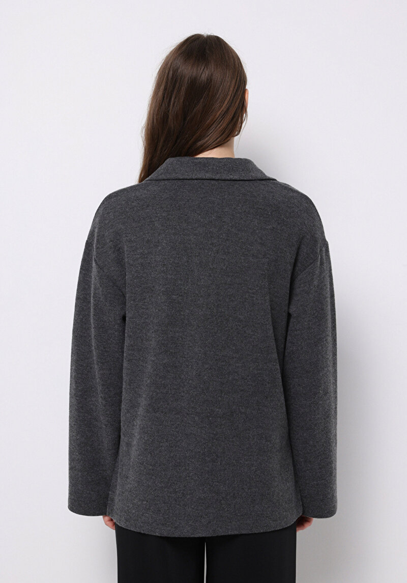 Regular Fit Polo Yaka Düz Kadın Antrasit Tişört