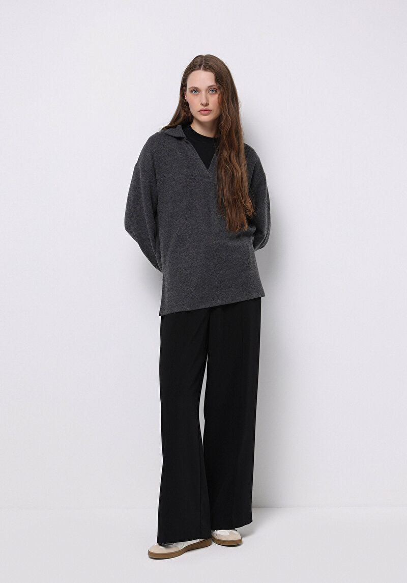 Regular Fit Polo Yaka Düz Kadın Antrasit Tişört