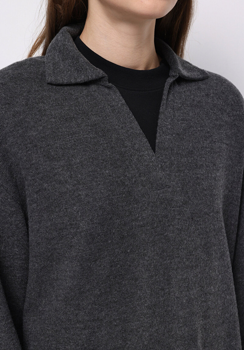 Regular Fit Polo Yaka Düz Kadın Antrasit Tişört