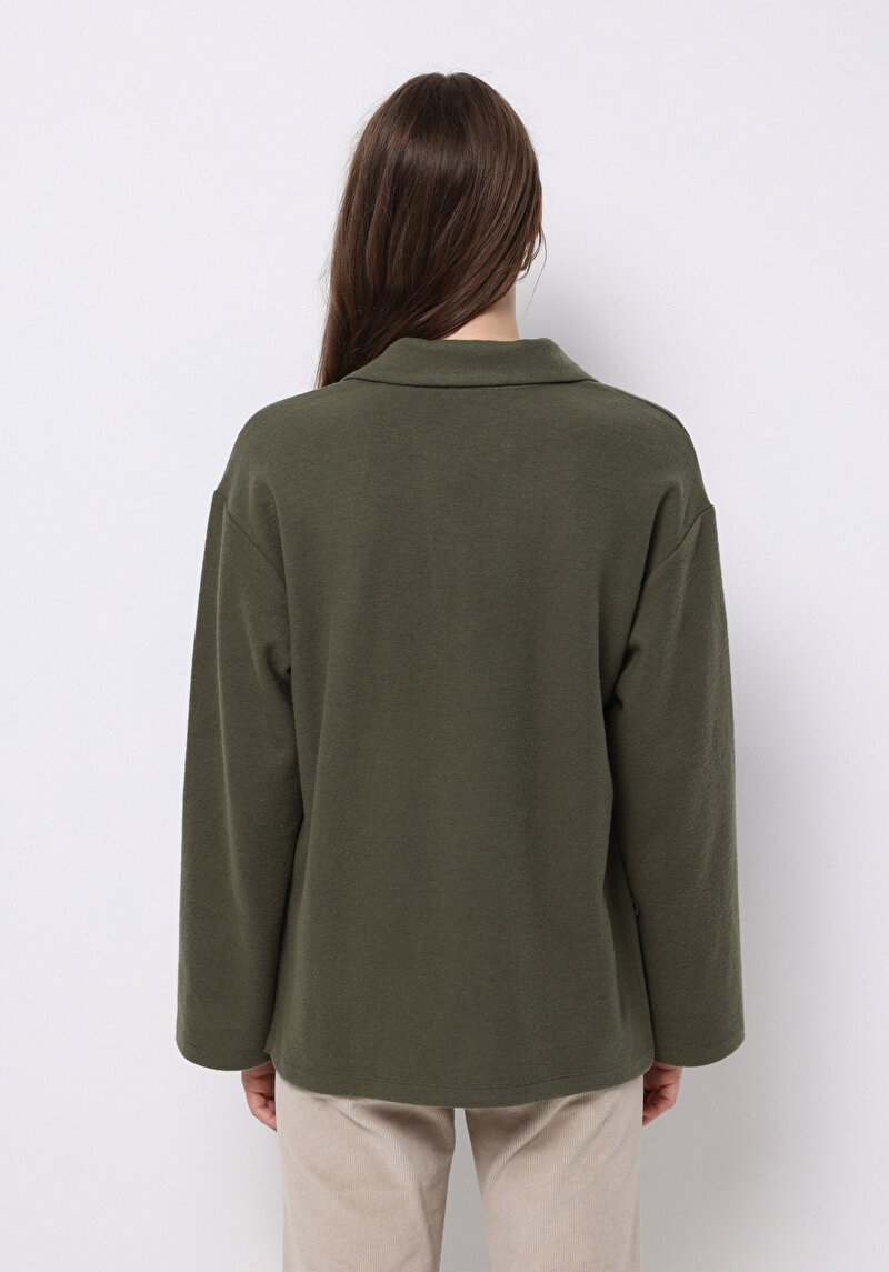 Regular Fit Polo Yaka Düz Kadın Yeşil Tişört