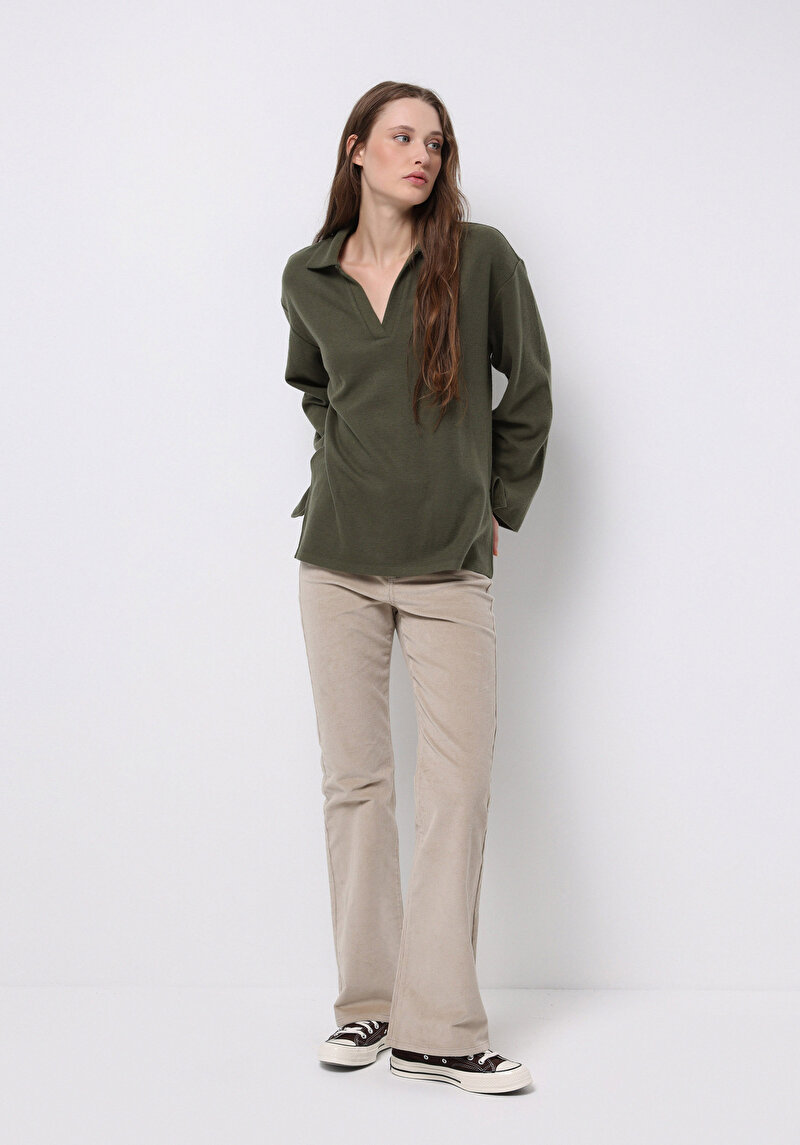 Regular Fit Polo Yaka Düz Kadın Yeşil Tişört